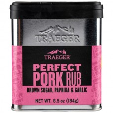 Traeger Perfect Pork Rub. Metal 6.5-oz can. Pink label.