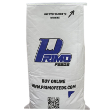 Primo 14 Chub for Show Swine Primo 14 Chub in white and blue generic 50-lb Primo feed bag.