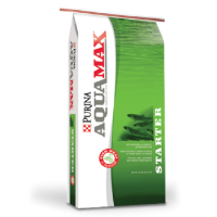 Purina AquaMax Grower 400. Green and white 50-lb bag of fish food.