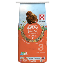 Purina Farm to Flock 18% Layer Food. Orange 50-lb poultry feed bag.