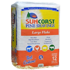 Suncoast Large Flake Pine Shavings. Loose bale in orange plastic bag.