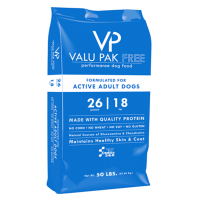 Valu-Pak Free 26-18 Dog Food. Blue 50-lb dog food bag. 