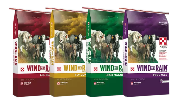 Purina Wind and Rain. Four product bags.